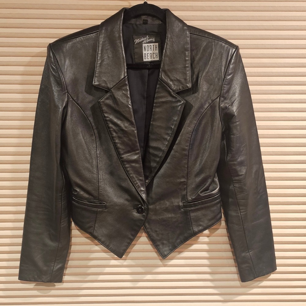 Michael Hoban North Beach Black Leather Blazer Jacket Pointed Hem Vintage 7/8